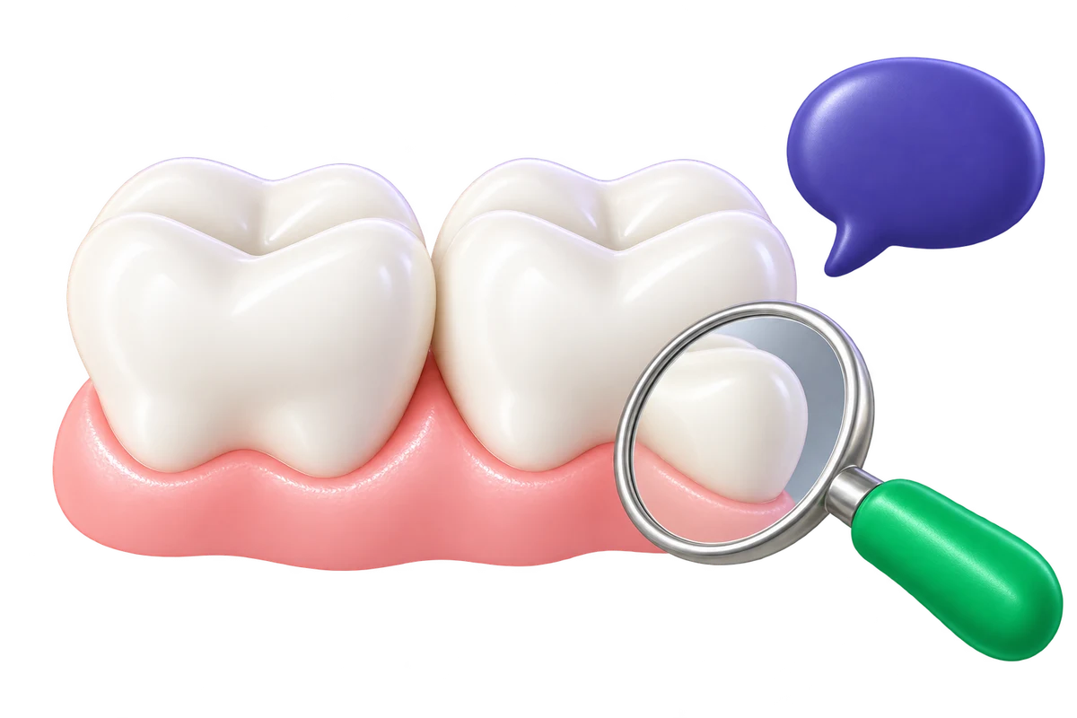 Deux dents sur une gencive rose, avec un miroir d’examen dentaire au manche vert et une bulle évoquant l’échange avec un professionnel.