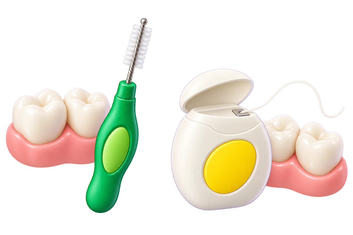 Une brossette verte et un distributeur de fil dentaire jaune, chacun accompagné d’un petit modèle de deux dents.