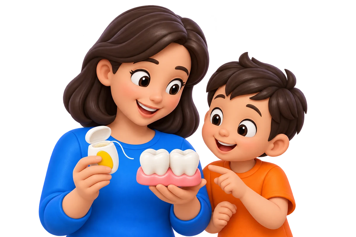 Un adulte et un enfant observent ensemble un modèle de deux dents. L’adulte tient également un distributeur de fil dentaire.