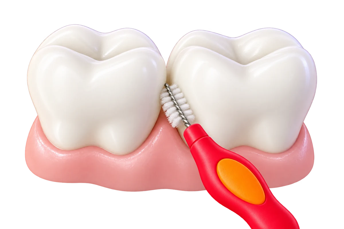 Deux dents blanches sur une gencive rose. La tête blanche d’une brossette au manche rouge est placée dans l’espace entre les dents.