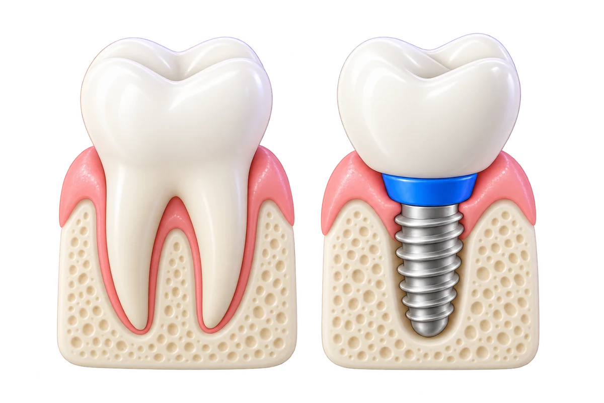 Coupe simplifiée : à gauche, une dent naturelle avec ses racines ; à droite, une couronne portée par un implant vissé dans l’os.