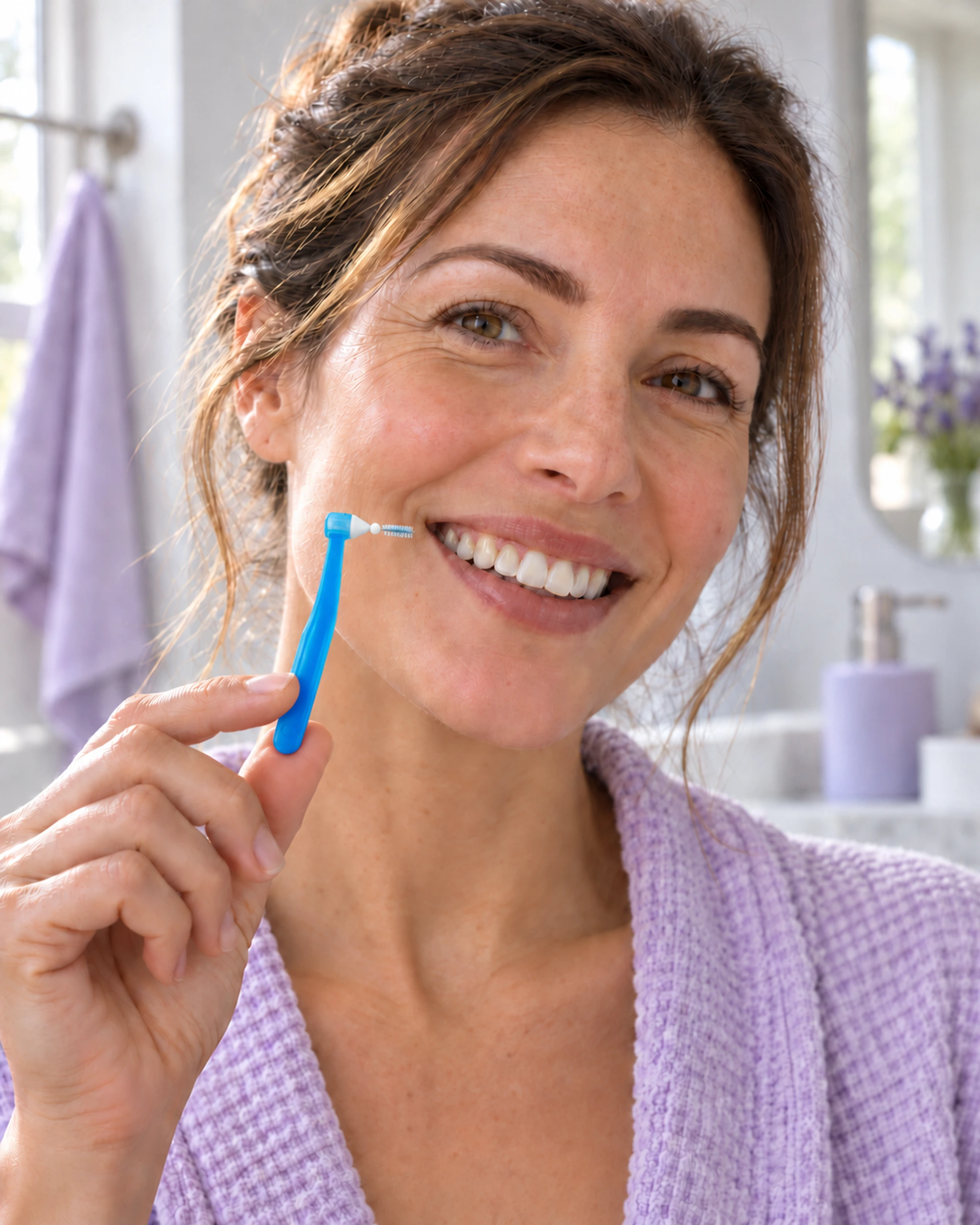 Une adulte au sourire naturel tient une petite brossette bleue coudée près de son visage, dans une salle de bain claire.