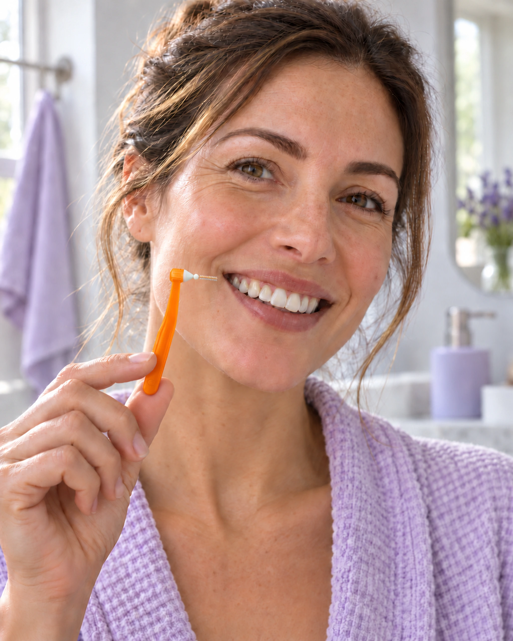 Une adulte au sourire naturel tient une petite brossette orange coudée près de son visage, dans une salle de bain claire.
