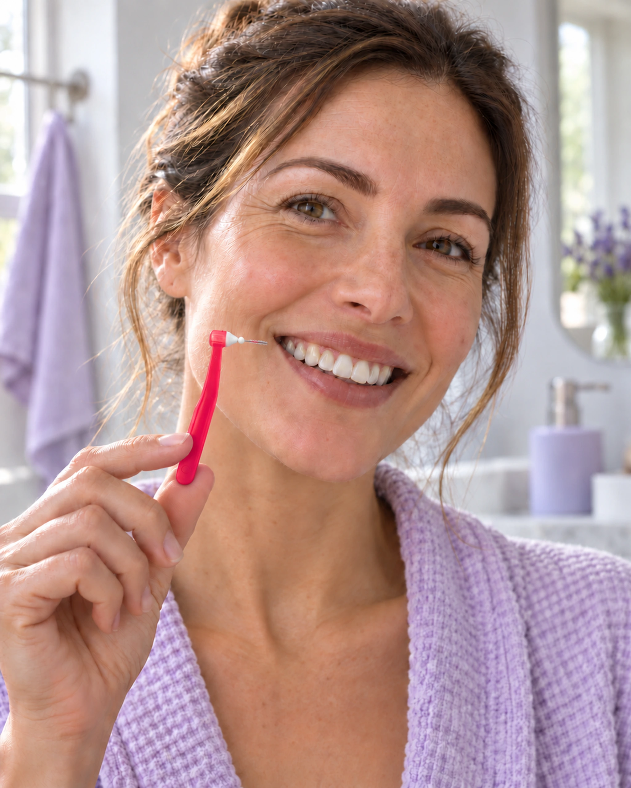 Une adulte au sourire naturel tient une petite brossette rouge coudée près de son visage, dans une salle de bain claire.